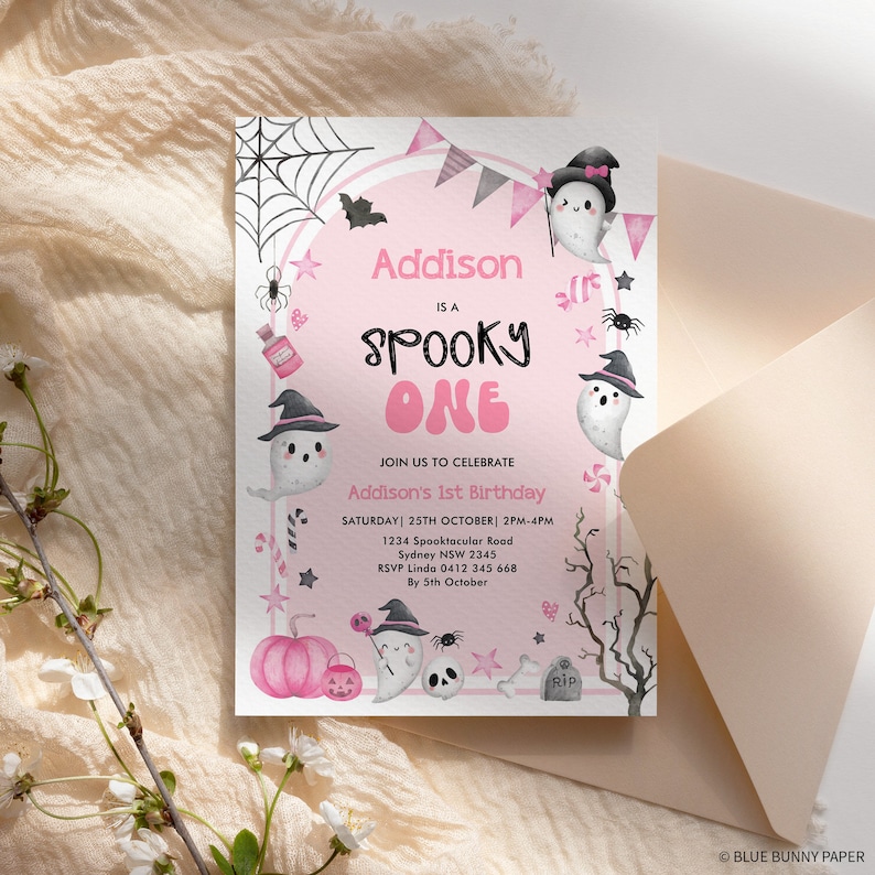 May include: Pink and black Halloween party invitation with a ghost and the text "Addison is a Spooky One". The invitation includes details for the party, including the date, time, location, and RSVP information.