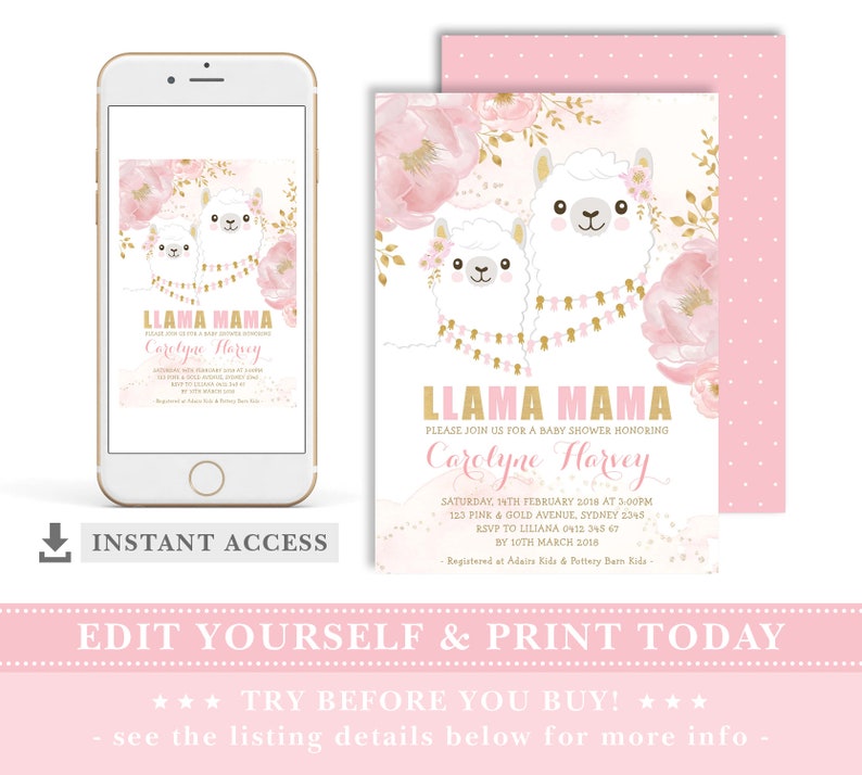 EDITABLE TEMPLATE Llama Baby Shower Invitation. Fiesta Pink - Etsy