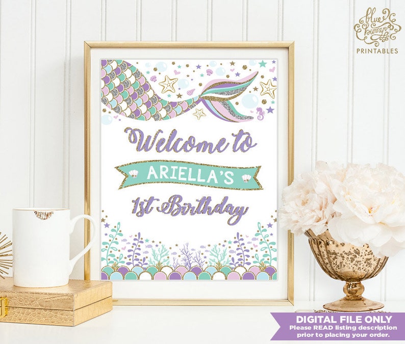 First Birthday Mermaid Birthday Welcome Sign Under the Sea Party Decoration Whimsical Mermaid Tail 1st Birthday Printable Download MER7