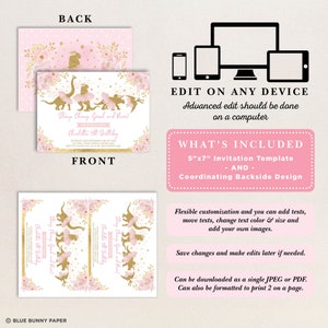 May include: A pink and gold birthday invitation template with dinosaur illustrations. The invitation includes the text "Stamp, Champ, Growl, and Roar!" and "Charlotte 5th Birthday". Includes a coordinating backside design.