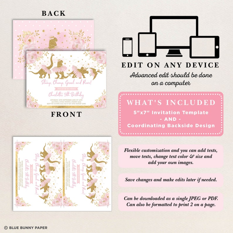 May include: A pink and gold birthday invitation template with dinosaur illustrations. The invitation includes the text "Stamp, Champ, Growl, and Roar!" and "Charlotte 5th Birthday". Includes a coordinating backside design.