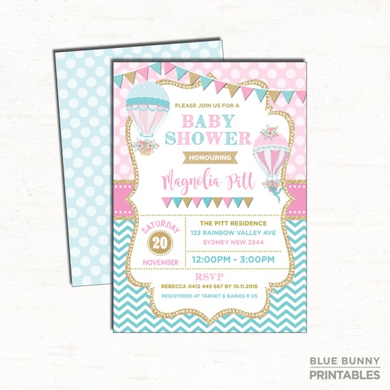 Girl Hot Air Balloon Baby Shower Invitation. Pink Mint Gold Glitter Invite. Girly Up And Away Chevron Party Invite. Floral. Dots. HAB3 Il_570xn