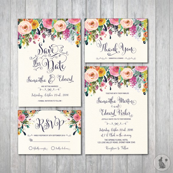 Floral Wedding Invitation Kit. Bohemian Flower Invitation. Boho Wedding Suite. RSVP Thank You Cards. Save the Date. Rustic Calligraphy. SUB1 Il_570xn