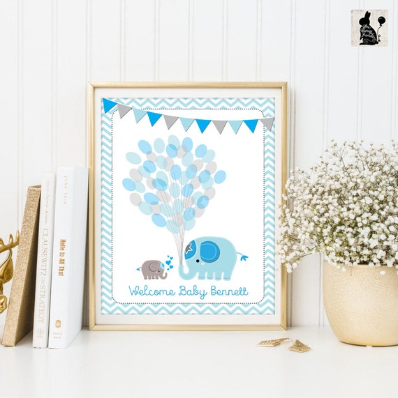 THUMBPRINT GUESTBOOK Printable Sign. Blue Elephant Baby Shower Decoration. Baby Boy Fingerprint Sign. Blue and Gray Chevron Shower. EL-B Il_570xn