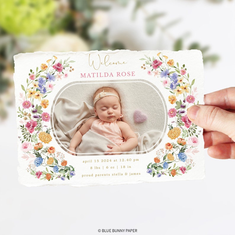 Colorful Wildflower Birth Announcement Spring Floral Garden Photo Card EDITABLE TEMPLATE Newborn Baby Girl Instant Download FLO2 image 5