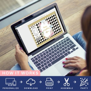 May include: A laptop screen displaying a printable design for a chocolate bar wrapper. The design features a black and white chequered pattern, gold glitter, and a whimsical illustration of Alice in Wonderland characters. The text on the wrapper reads "Happy 1st Birthday Alice". The image shows the steps for personalising, downloading, printing, assembling, and celebrating with the design.