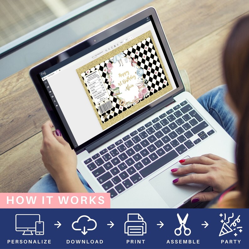 May include: A laptop screen displaying a printable design for a chocolate bar wrapper. The design features a black and white chequered pattern, gold glitter, and a whimsical illustration of Alice in Wonderland characters. The text on the wrapper reads "Happy 1st Birthday Alice". The image shows the steps for personalising, downloading, printing, assembling, and celebrating with the design.