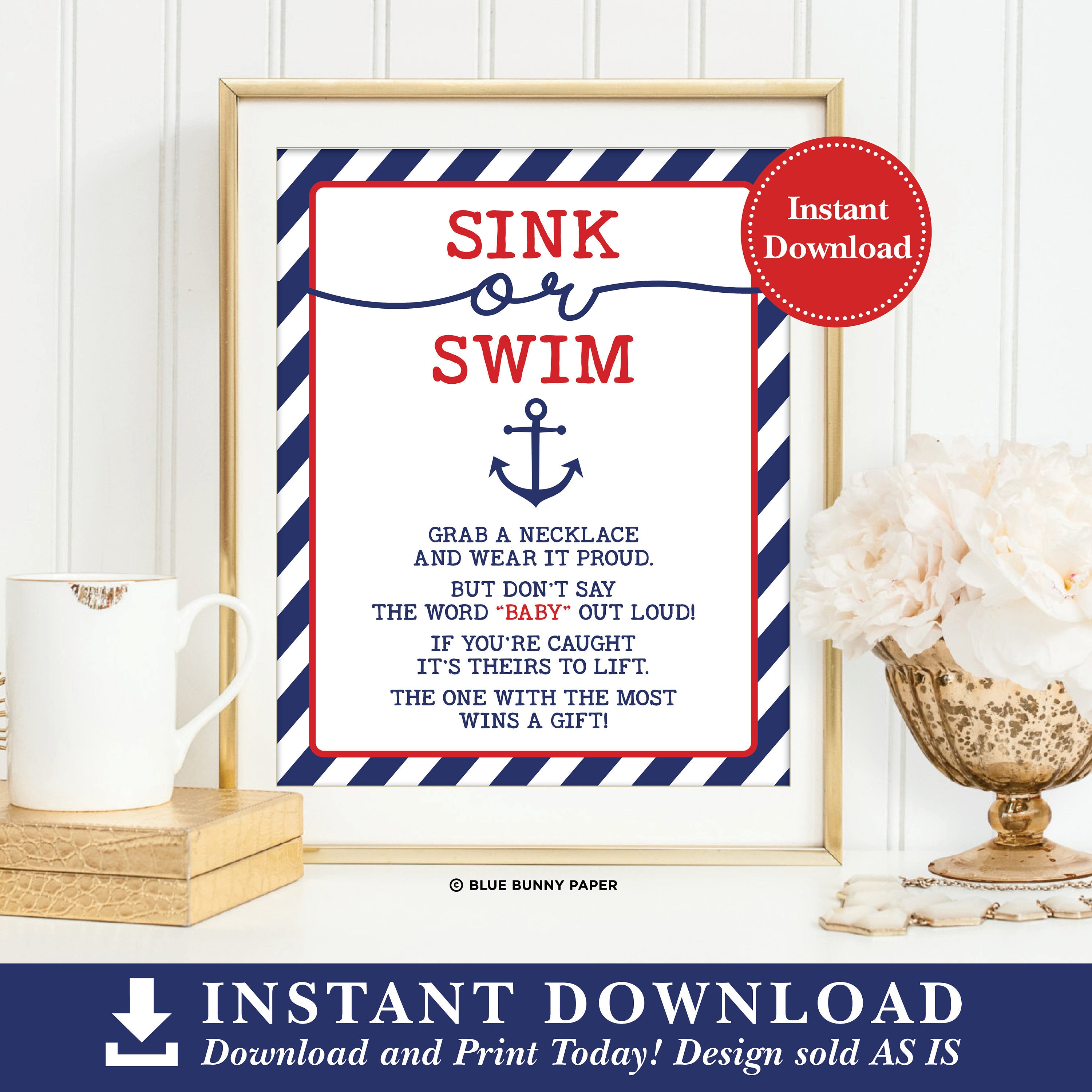 Sink or Swim Printable Sign. Nautical Baby Shower Game. Don't Say Baby Game. Navy and Red Grab a Necklace Sign INSTANT DOWNLOAD. NAU1