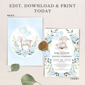 May include: A baby shower invitation with a blue and white color scheme. The invitation features a watercolor illustration of a lamb with blue balloons and a floral wreath. The text on the invitation reads "Join us for a Baby Shower honoring mommy-to-be Louisa Andersen Saturday 25 12PM-2PM September The Anders Residence 1234 Little Land Rd, Sydney NSW 2345 RSVP Rebecca 0412 345 667 By 10th September Registered at Pottery Barn Kids & Adairs Kids"