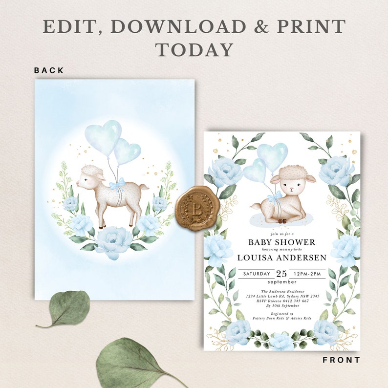 May include: A baby shower invitation with a blue and white color scheme. The invitation features a watercolor illustration of a lamb with blue balloons and a floral wreath. The text on the invitation reads "Join us for a Baby Shower honoring mommy-to-be Louisa Andersen Saturday 25 12PM-2PM September The Anders Residence 1234 Little Land Rd, Sydney NSW 2345 RSVP Rebecca 0412 345 667 By 10th September Registered at Pottery Barn Kids & Adairs Kids"