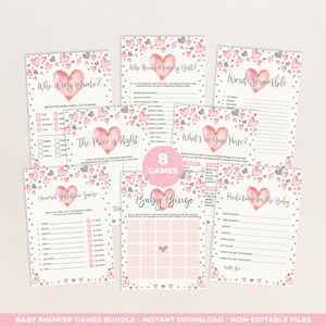 Pacchetto giochi San Valentino Sweetheart Baby Shower, pacchetto di giochi stampabili cuori rosa argento, coriandoli acquerello DOWNLOAD immediato, VAL2