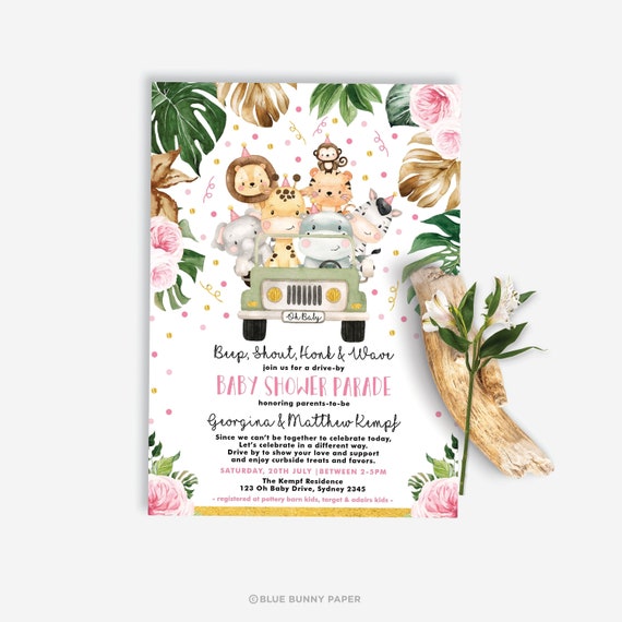 Drive By Safari Baby Shower Poster DB5 EDITABLE Girl Jungle Welcome Sign Pink Floral Wild Animals 1st Birthday Template Instant Download