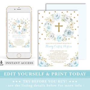 EDITABLE Baptism Invitation. Dusty Blue Gold Floral Christening Communion Printable Invite. Glitter Confetti Downloadable Template. FLO31 image 2