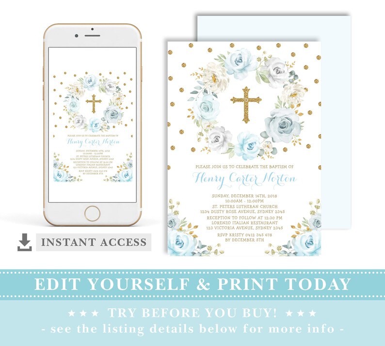 EDITABLE Baptism Invitation. Dusty Blue Gold Floral Christening Communion Printable Invite. Glitter Confetti Downloadable Template. FLO31 image 2