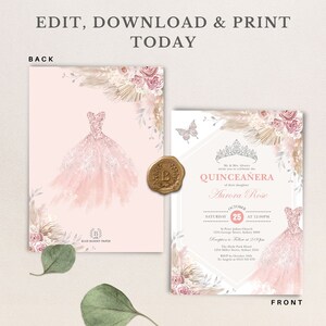 May include: A Quincea&ntilde;era invitation with a pink and white floral design. The invitation features a crown, a butterfly, and a dress. The text on the invitation reads "Mr. & Mrs. Alvarez invite you to celebrate the Quincea&ntilde;era of their daughter Aurora Rose. Saturday, October 25 at 12:00 PM. St. Prowe Julian Church, 1254 George Street, Sidney 2000. Reception to follow at 2:00 PM. The Hyde Park Hotel, 1234 Miller Street, Sidney 2343. RSVP by October 30th. To Angela at 0412 345 678."