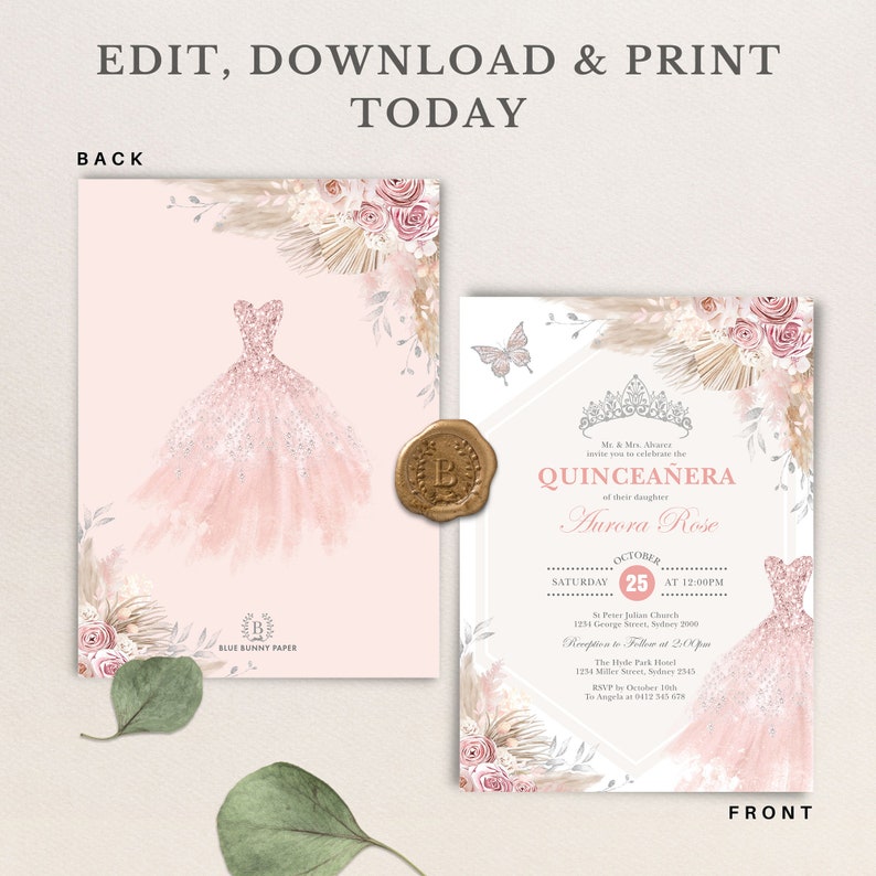 May include: A Quincea&ntilde;era invitation with a pink and white floral design. The invitation features a crown, a butterfly, and a dress. The text on the invitation reads "Mr. & Mrs. Alvarez invite you to celebrate the Quincea&ntilde;era of their daughter Aurora Rose. Saturday, October 25 at 12:00 PM. St. Prowe Julian Church, 1254 George Street, Sidney 2000. Reception to follow at 2:00 PM. The Hyde Park Hotel, 1234 Miller Street, Sidney 2343. RSVP by October 30th. To Angela at 0412 345 678."