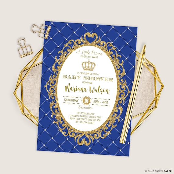 Editable Prince Baby Shower Invitation, Royal Blue Gold Crown Boy King