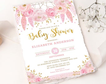 Rosa Gold Dreamcatcher Baby Shower Einladungsvorlage. Tribal Boho Floral EDITIERBARE druckbare Einladung. Girly Blush Rosen Pfingstrosen. BOHO3
