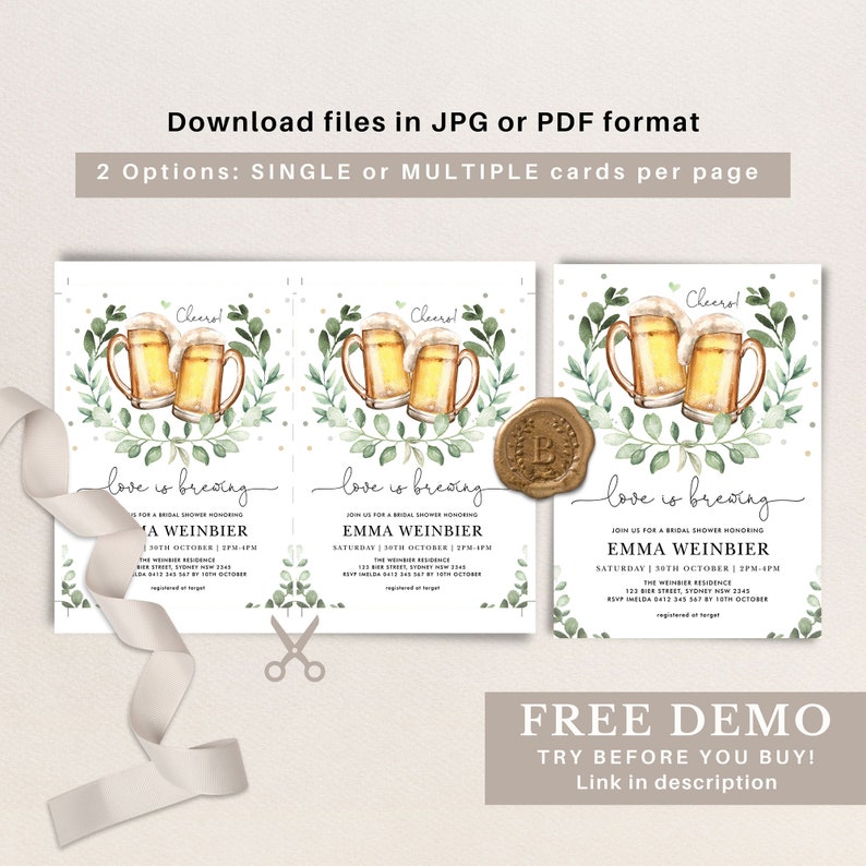 K&ouml;nnte beinhalten: Eine druckbare Einladung zu einer Brautparty mit einer Aquarell-Illustration von zwei Bierkr&uuml;gen mit gr&uuml;nen Bl&auml;ttern und dem Text "love is brewing". Die Einladung ist f&uuml;r Emma Weinbier und enth&auml;lt Datum, Uhrzeit und Ort der Veranstaltung.