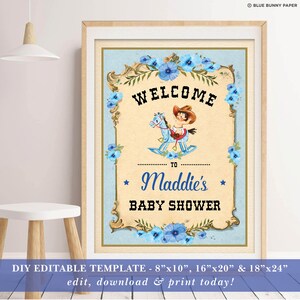 May include: A printable baby shower sign with a vintage design. The sign features a blue and white color scheme with a cowboy riding a rocking horse. The text on the sign reads "Welcome to Maddie's Baby Shower".