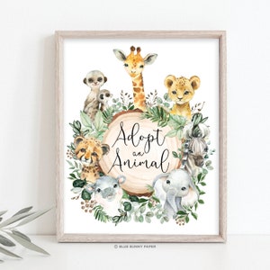 May include: A watercolor illustration of a wooden sign with the text "Adopt an Animal" surrounded by various jungle animals, including a giraffe, lion, cheetah, zebra, meerkat, hippopotamus, and elephant. The animals are surrounded by green leaves and flowers.