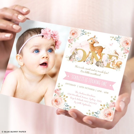EDITABLE Girl Woodland 1st Birthday Invitation Template Blush Pink EDITABLE Girl Woodland 1st Birthday Invitation Template Blush Pink