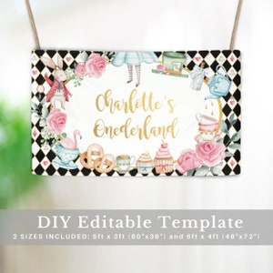 Alice in Wonderland 1st Birthday Backdrop Banner, Mad Hatter Tea Party Table Sign, Alice in Onederland EDITABLE TEMPLATE Download, AL1 image 3