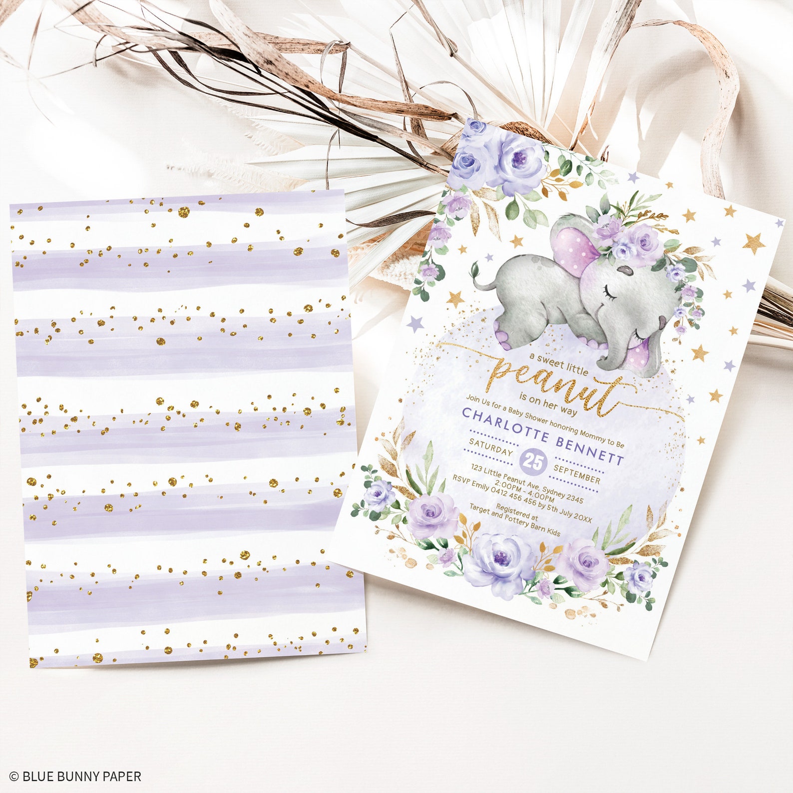 Lavender Elephant Baby Shower Invitation Purple Gold Floral Etsy