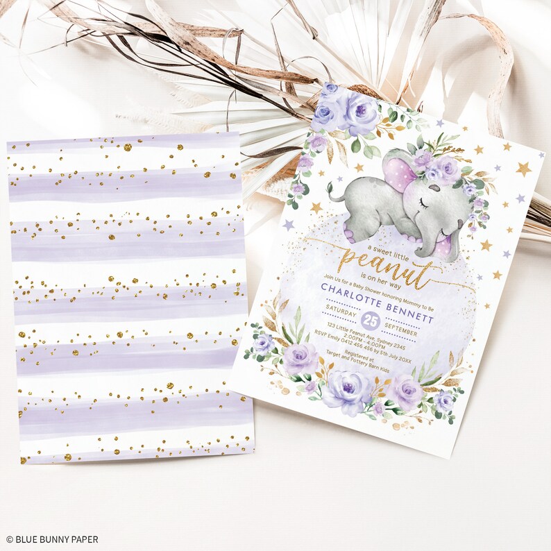 Lavender Elephant Baby Shower Invitation Purple Gold Floral Etsy