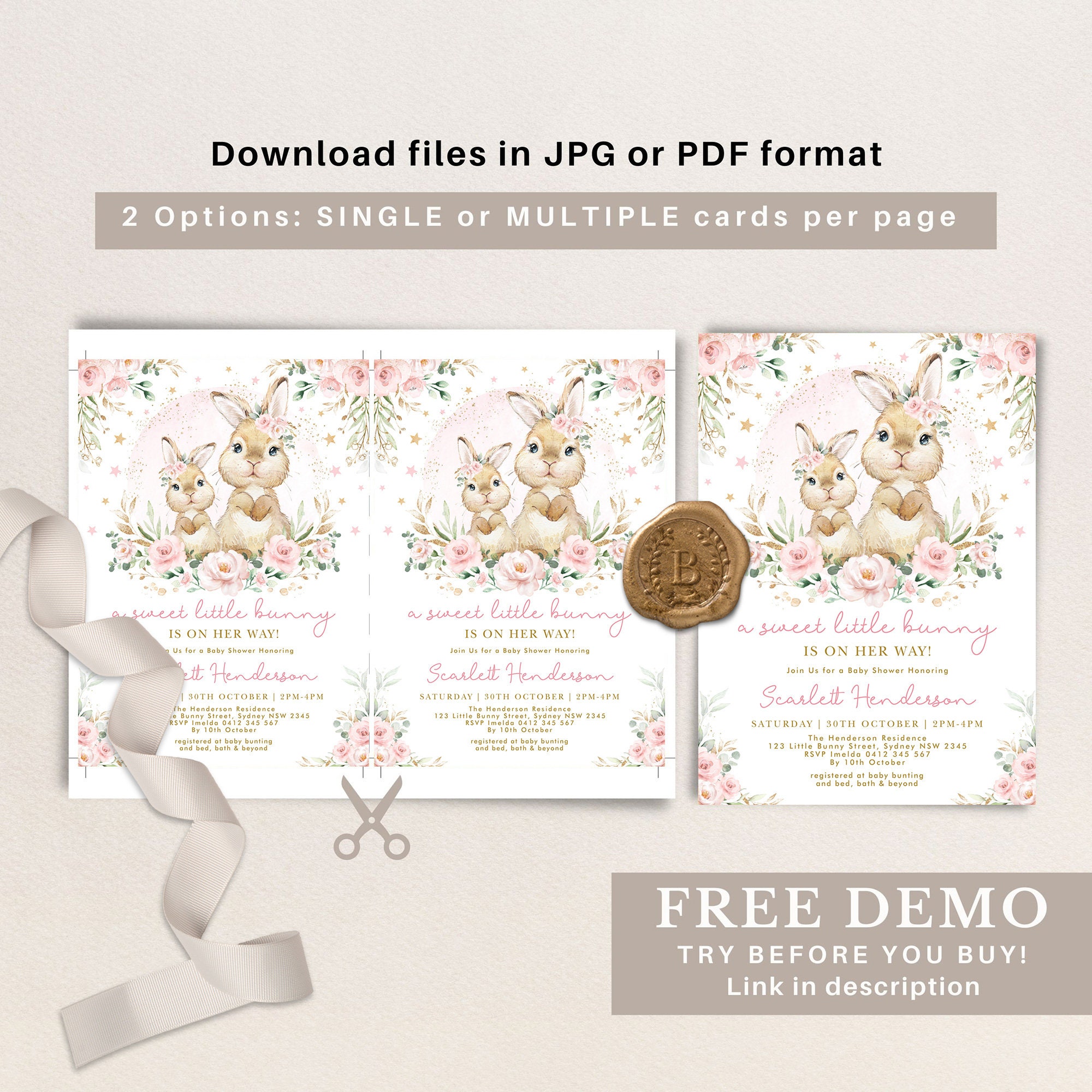 Pink Floral Bunny Baby Shower Invitation EDITABLE Baby Girl Rabbit ...
