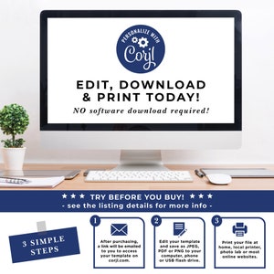 K&ouml;nnte beinhalten: Ein Computerbildschirm zeigt Anweisungen zum Bearbeiten, Herunterladen und Drucken einer digitalen Vorlage &uuml;ber die Website "corjl.com". Der Bildschirm befindet sich auf einem Schreibtisch mit einer Topfpflanze, einer Tastatur und einem Telefon.
