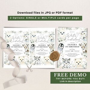 Peut inclure: Deux invitations imprimables pour une f&ecirc;te de premier anniversaire sur le th&egrave;me d'un pays des merveilles d'hiver. Les invitations pr&eacute;sentent un fond blanc avec des illustrations d'animaux de la for&ecirc;t, notamment un pingouin, un hibou, un cerf et un ours polaire. Le texte sur les invitations indique "Rejoignez-nous pour un pays des merveilles d'hiver - c&eacute;l&eacute;brant le 1er anniversaire d'Oliver - d&eacute;cembre 20".