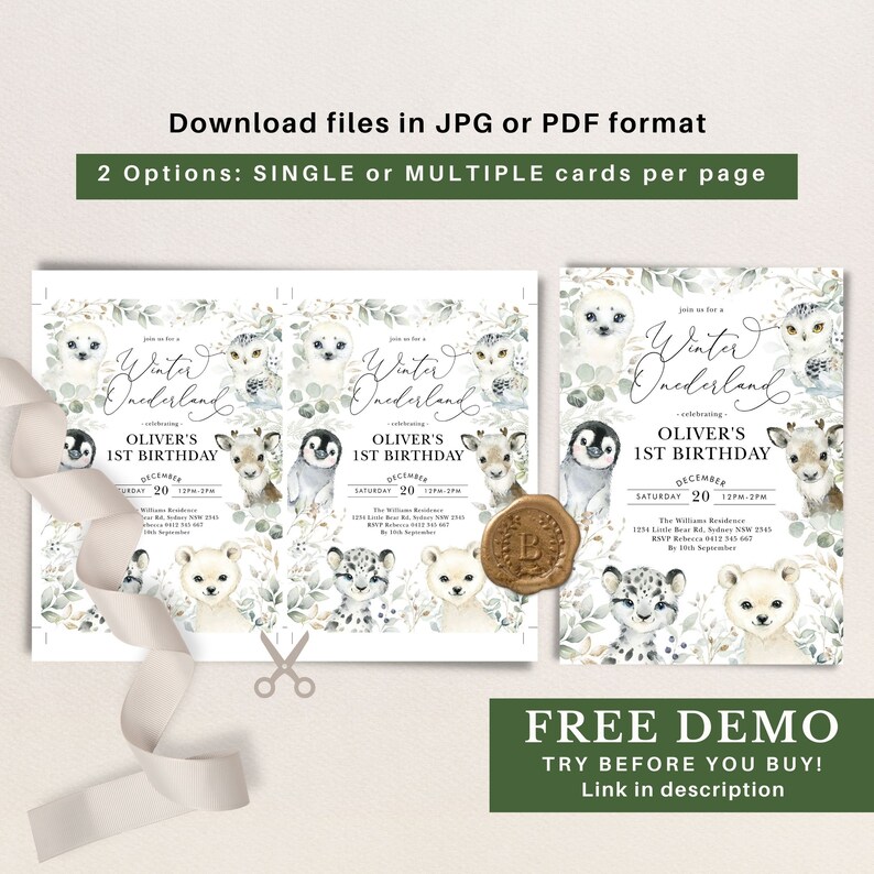 Peut inclure: Deux invitations imprimables pour une f&ecirc;te de premier anniversaire sur le th&egrave;me d'un pays des merveilles d'hiver. Les invitations pr&eacute;sentent un fond blanc avec des illustrations d'animaux de la for&ecirc;t, notamment un pingouin, un hibou, un cerf et un ours polaire. Le texte sur les invitations indique "Rejoignez-nous pour un pays des merveilles d'hiver - c&eacute;l&eacute;brant le 1er anniversaire d'Oliver - d&eacute;cembre 20".