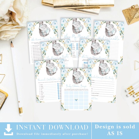 Soft Blue Gold Elephant Baby Shower GAMES PACKAGE. 8x Pastel Blue Floral Jungle Elephant Printable Games. Instant Download. EL8 Il_570xn