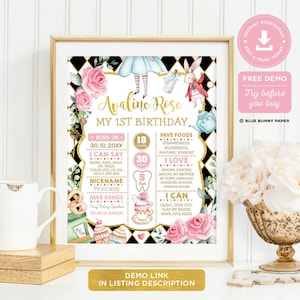 May include: A printable Alice in Wonderland themed first birthday milestone poster with a black and white chequered background. The poster features a gold crown, a teacup, cupcakes, and a tooth. The poster is decorated with pink roses and gold accents. The text on the poster reads "Avaline Rose My 1st Birthday".