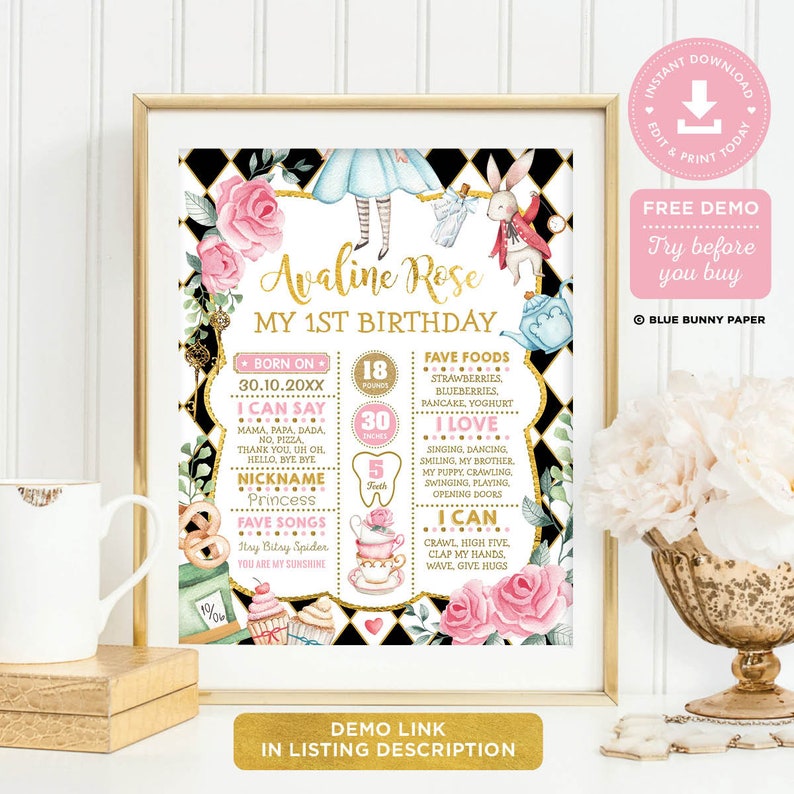 May include: A printable Alice in Wonderland themed first birthday milestone poster with a black and white chequered background. The poster features a gold crown, a teacup, cupcakes, and a tooth. The poster is decorated with pink roses and gold accents. The text on the poster reads "Avaline Rose My 1st Birthday".