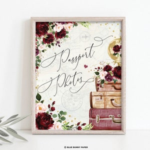 Passfotos Schild, Reise Bridal Shower, Vintage Koffer Hochzeit Ziel druckbare, Burgund Blush Floral Adventure Download, TRA6
