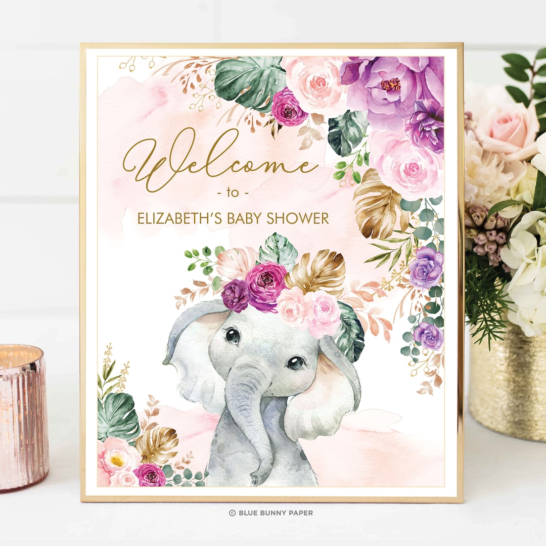 Editable Elephant Baby Shower Welcome Sign Template. Tropical Flowers ...
