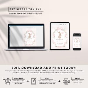 Peut inclure: Maquette d'invitation num&eacute;rique affich&eacute;e sur un ordinateur portable, une tablette et un smartphone. Le design pr&eacute;sente une illustration de lapin, des accents floraux et le texte "WELCOME". L'invitation est pour un premier anniversaire. Le texte "TRY BEFORE YOU BUY" est en haut.