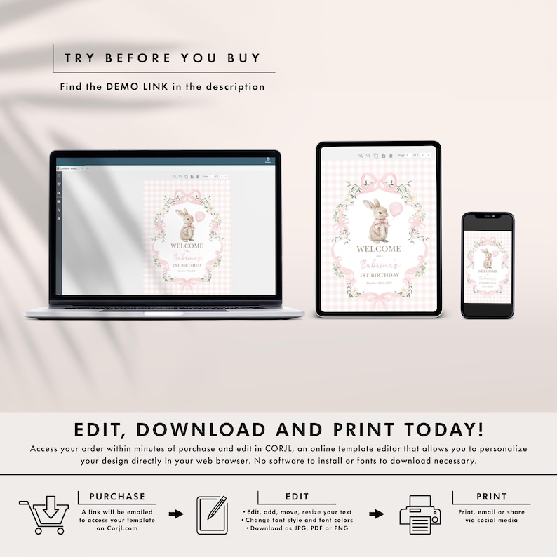 Peut inclure: Maquette d'invitation num&eacute;rique affich&eacute;e sur un ordinateur portable, une tablette et un smartphone. Le design pr&eacute;sente une illustration de lapin, des accents floraux et le texte "WELCOME". L'invitation est pour un premier anniversaire. Le texte "TRY BEFORE YOU BUY" est en haut.