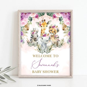 Plantilla de signo de bienvenida EDITABLE Girl Jungle Baby Shower, Boho Safari Animales Salvajes Flores Tropicales Cumpleaños Imprimible Descarga Instantánea, SAF7 imagen 4