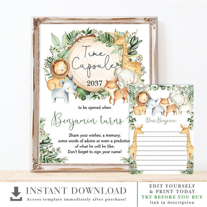 May include: A printable time capsule sign with a jungle animal theme. The sign says "Time Capsule 2037 to be opened when Benjamin turns 1". There is a smaller card that says "Dear Benjamin" with lines for writing.