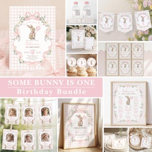 May include: A collection of pink and white themed birthday party decorations. The set includes invitations, banners, cupcake toppers, and a welcome sign, all featuring a bunny illustration and the text "Some Bunny is One Birthday Bundle."