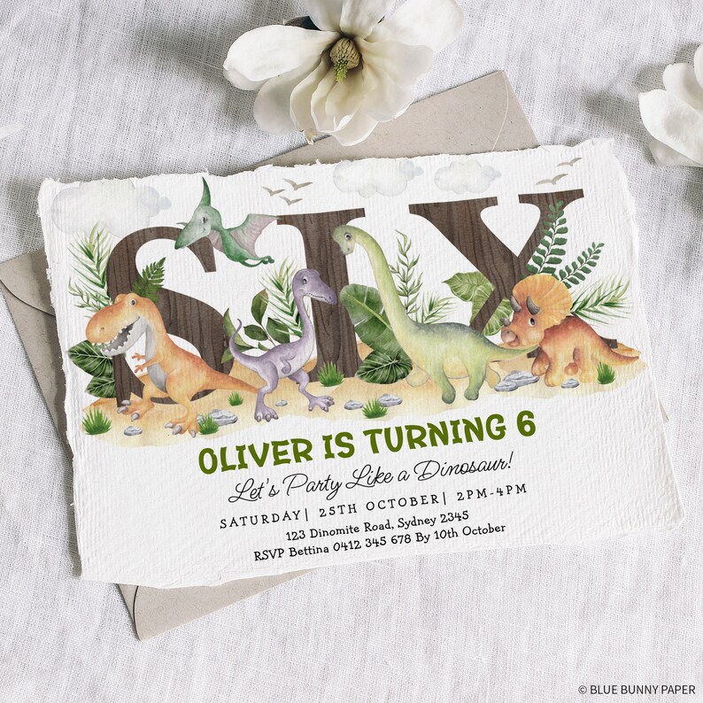 May include: A dinosaur-themed birthday party invitation for a boy turning six. The invitation features a colorful illustration of dinosaurs and the number six, with the text "Oliver is turning 6" and "Let's Party Like a Dinosaur!" The invitation also includes the date, time, and location of the party, as well as RSVP information.