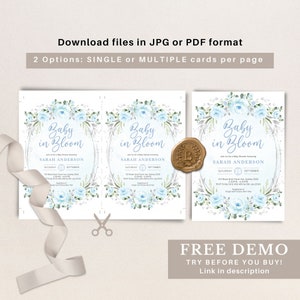 Peut inclure: Invitation de baby shower avec un motif floral dans les tons de bleu et de vert. Le texte "Baby in Bloom" est affich&eacute; dans une police &eacute;l&eacute;gante. L'invitation comprend les d&eacute;tails tels que la date, l'heure et le lieu. Un sceau de cire est &eacute;galement pr&eacute;sent.