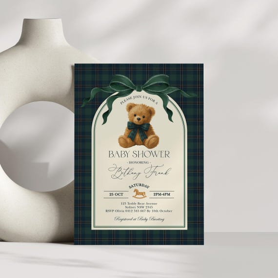 Polo Teddy Bear Baby Shower Invitation: Equestrian Plaid Tartan Baby Boy Editable Template, BR14