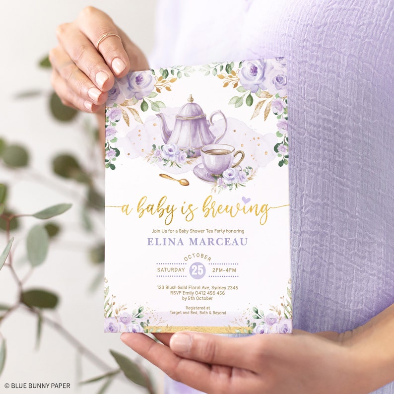 Editable Baby Shower Tea Party Invitation Baby is Brewing Baby Brunch Invite Purple Gold Flower Printable Editable Template