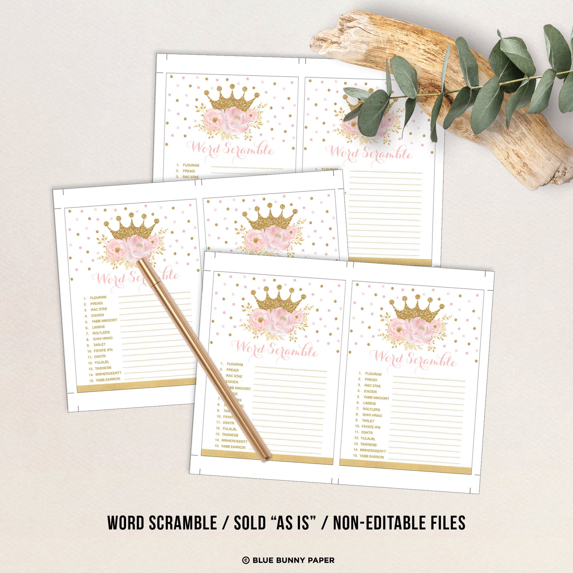 Crown Princess Baby Shower Game, Word Scramble Blush Pink Flower ...