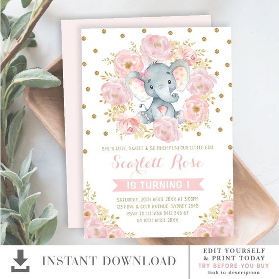 Instant Download Turning One Elephant First Birthday Flower Girl Birthday Pink Floral Printable Invitation Elephant Birthday Invite