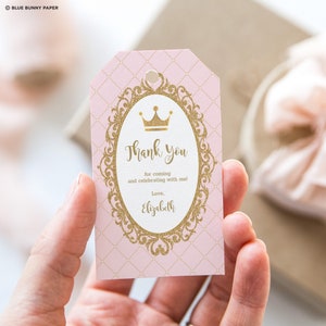 Kroonprinses gunst tag sjabloon, roze gouden koninklijke baby shower dank u tag, prinses verjaardagsfeestje afdrukbare bewerkbare sjabloon, PG2